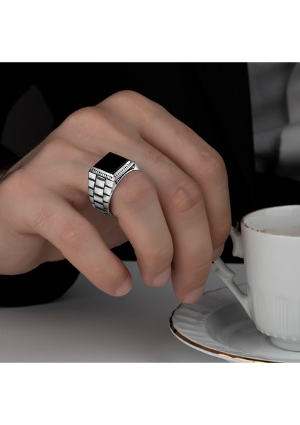 Black Onyx Stone Taşlı 925 Ayar Gümüş Erkek Yüzük modelleri