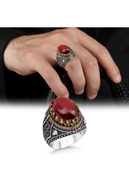 Kırmızı Zirkon Taşlı 925 Ayar Gümüş Erkek Yüzük
