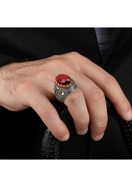 Kırmızı Zirkon Taşlı 925 Ayar Gümüş Erkek Yüzük fiyatları