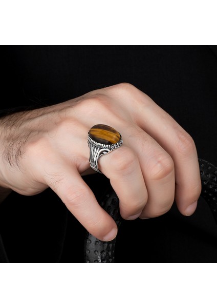 925 Ayar Gümüş Yüzük Kaplan Gözü Taşlı