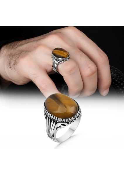 925 Ayar Gümüş Yüzük Kaplan Gözü Taşlı modelleri