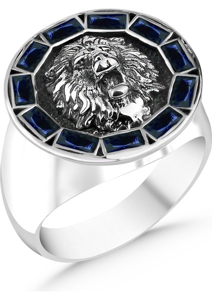 Aslan Figürlü Safir Baget Taşlı 925 Ayar Gümüş Yüzük fiyatları