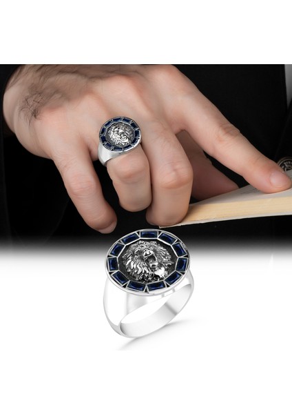 Aslan Figürlü Safir Baget Taşlı 925 Ayar Gümüş Yüzük modelleri