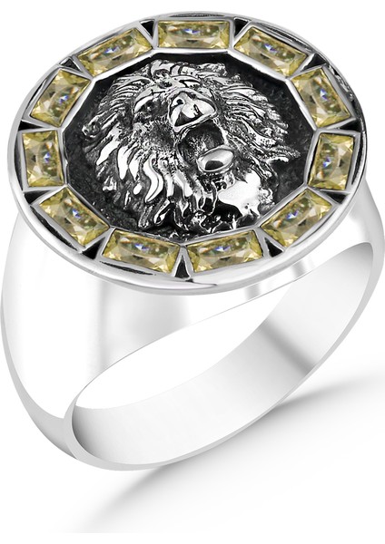 Aslan Figürlü Sarı Sitrin Baget Taşlı 925 Ayar Gümüş Yüzük fiyatları