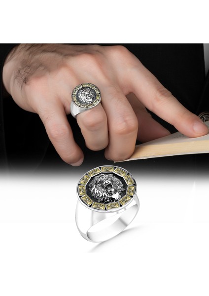 Aslan Figürlü Sarı Sitrin Baget Taşlı 925 Ayar Gümüş Yüzük modelleri