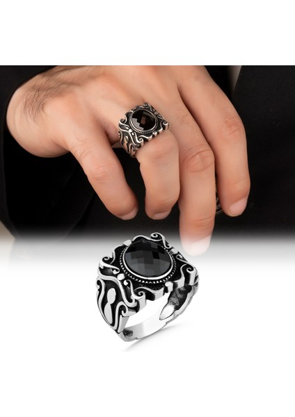 Siyah Zirkon Faset Kesim Taşlı 925 Ayar Gümüş Yüzük modelleri