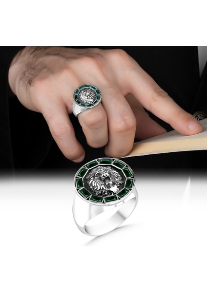 Aslan Figürlü Yeşil Baget Taşlı 925 Ayar Gümüş Yüzük modelleri