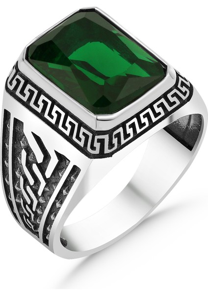 Oktegon Kesim Yeşil Zirkon Taşlı 925 Ayar Gümüş Yüzük fiyatları