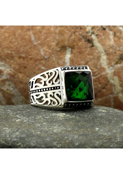 Yeşil Zirkon Taşlı Faset Kesim 925 Ayar Gümüş Erkek Yüzük