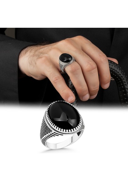 Siyah Oniks Taşlı 925 Ayar Gümüş Erkek Yüzük