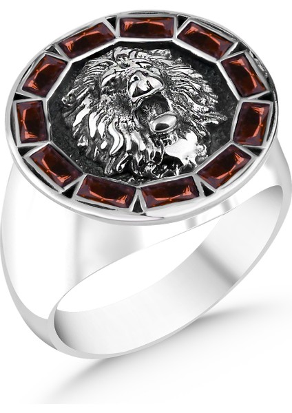 Aslan Figürlü Kırmızı Baget Taşlı 925 Ayar Gümüş Yüzük fiyatları