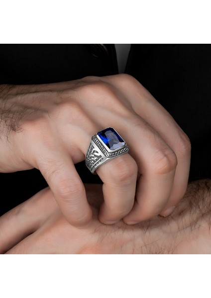 Oktegon Kesim Safir Taşlı 925 Ayar Gümüş Yüzük