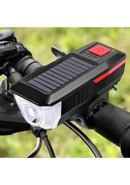 Solar Enerjili USB ile Şarj Edilebilir Ledli Bisiklet Feneri Kornalı ve Su Geçirmez Far (3791)