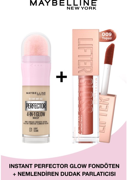 Instant Perfector Glow Fondöten- 01 Light + Lifter Gloss Dudak Parlatıcısı - 009 Topaz Seti