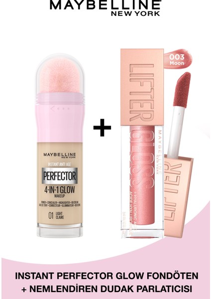 Instant Perfector Glow Fondöten- 01 Light + Lifter Gloss Dudak Parlatıcısı - 003 Moon Seti