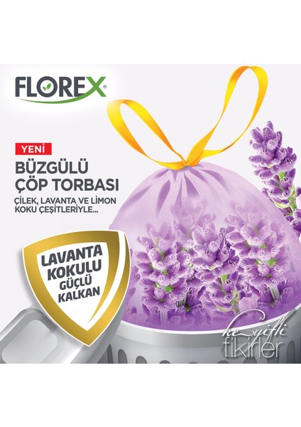 40 Litre Büzgülü Lavanta Kokulu Çöp Torbası Poşeti 55 x 60 cm 10 Adetlik 10 Rulo