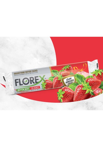 40 Litre Büzgülü Çilek Kokulu Çöp Torbası Poşeti 55 x 60 cm 10 Adetlik 5 Rulo