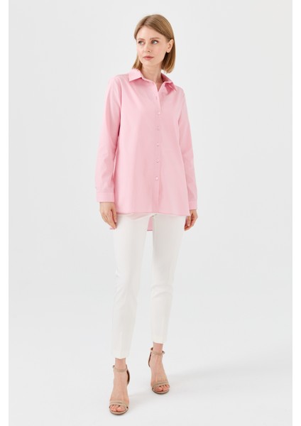 Kadın Koton Uzun Gömlek Pudra modelleri