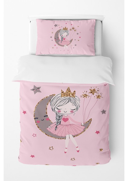 Pembe Ay'da Oturan Kız Desenli Nevresim Takımı TLAN-280