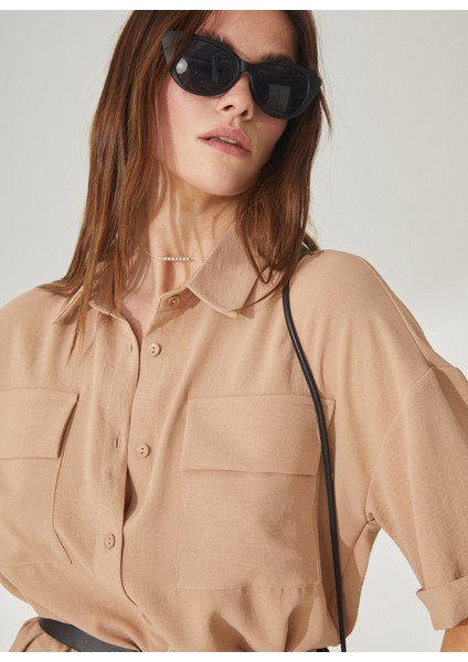 Gömlek Yaka Düz Bej Mini Kadın Elbise Helka fiyatları