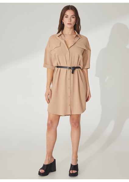 Gömlek Yaka Düz Bej Mini Kadın Elbise Helka modelleri