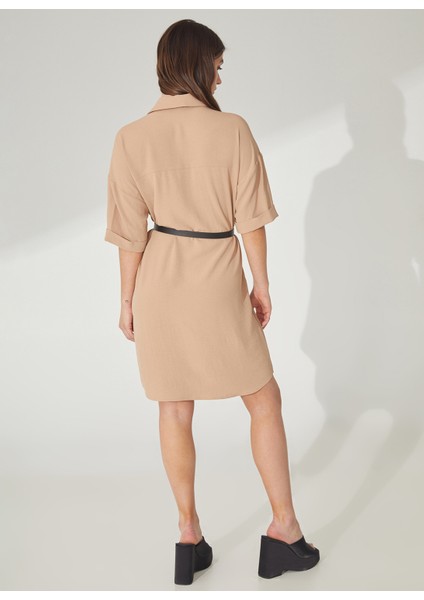 Gömlek Yaka Düz Bej Mini Kadın Elbise Helka fırsatları