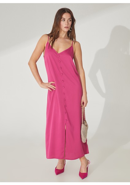 V Yaka Düz Fuşya Maksi Kadın Elbise Apel