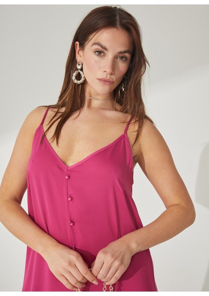V Yaka Düz Fuşya Maksi Kadın Elbise Apel fiyatları