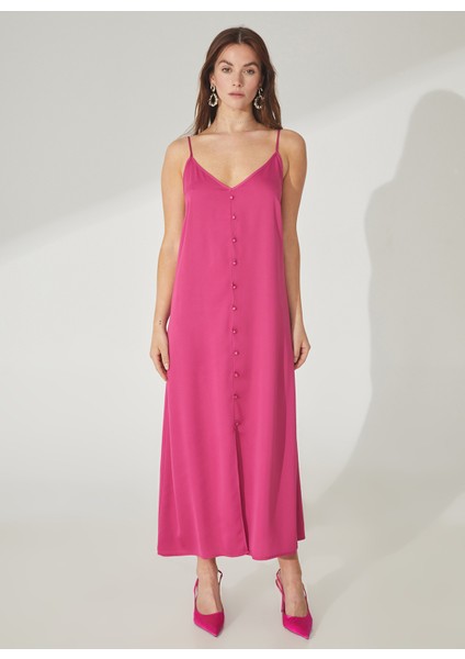 V Yaka Düz Fuşya Maksi Kadın Elbise Apel modelleri