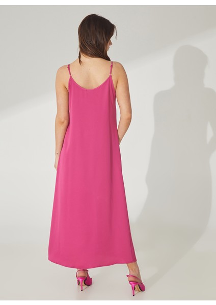 V Yaka Düz Fuşya Maksi Kadın Elbise Apel fırsatları