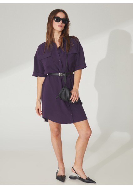 Gömlek Yaka Düz Koyu Mor Mini Kadın Elbise Helka