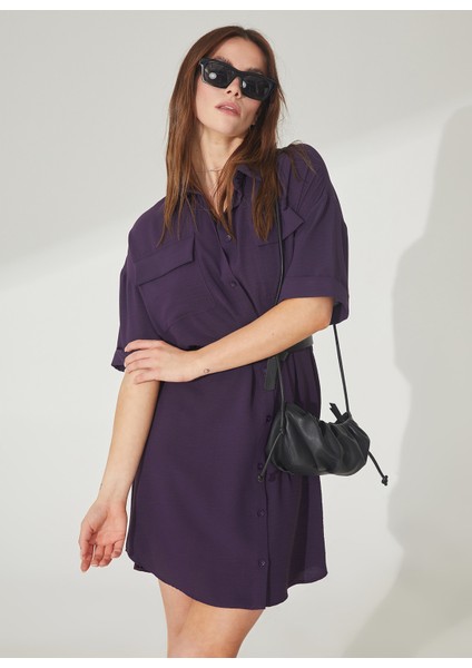 Gömlek Yaka Düz Koyu Mor Mini Kadın Elbise Helka fiyatları