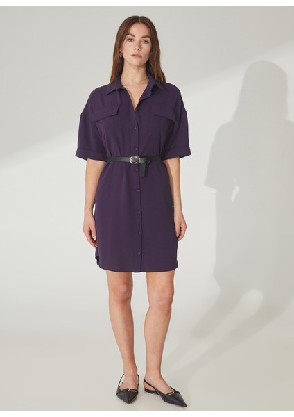 Gömlek Yaka Düz Koyu Mor Mini Kadın Elbise Helka modelleri