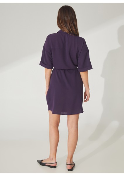 Gömlek Yaka Düz Koyu Mor Mini Kadın Elbise Helka fırsatları