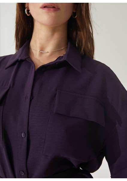 Gömlek Yaka Düz Koyu Mor Mini Kadın Elbise Helka indirimleri