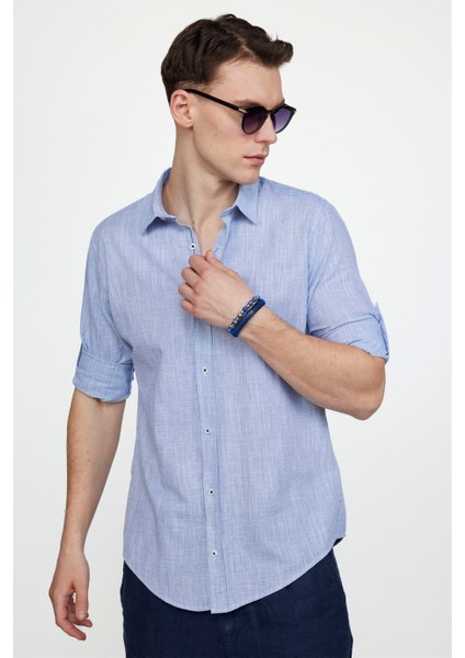 Slim Fit Uzun Kol Apoletli Keten Düz Erkek Mavi Gömlek