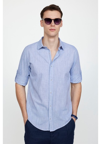 Slim Fit Uzun Kol Apoletli Keten Düz Erkek Mavi Gömlek fiyatları