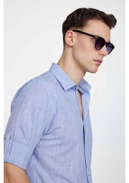 Slim Fit Uzun Kol Apoletli Keten Düz Erkek Mavi Gömlek modelleri