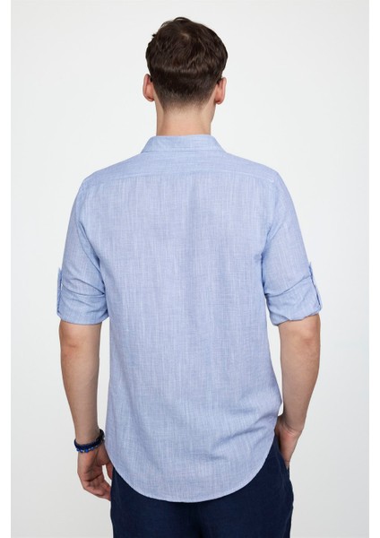 Slim Fit Uzun Kol Apoletli Keten Düz Erkek Mavi Gömlek fırsatları