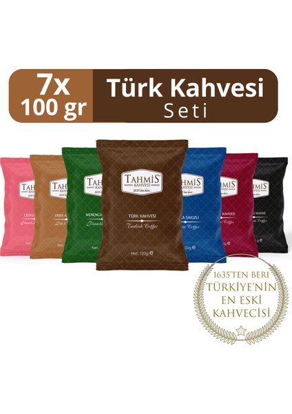 7'li Türk Kahvesi Seti 100 gr (Damla Sakızlı-Çilekli-Menengiç-Osmanlı-Dibek-Kakule-Türk)