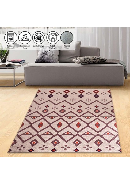 Şık Tasarımlı Kilim Desenli Halı Kaymaz Taban Makinada Yıkanabilir Iskandinav Tarzı Bej Kırmızı Renkli