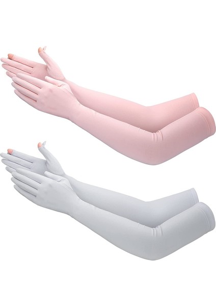 2 Çift Uzun Güneş Eldiveni Kadın Güneş Kremi Kaymaz Açık Hava Sporları Için Tam Parmak, Pembe+Gri (Yurt Dışından)