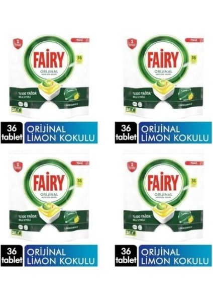 Orijinal Hepsi Bir Arada 36 Yıkama Bulaşık Makinesi Deterjanı Kapsülü Tableti Limon Kokulu 4 x 36'lı