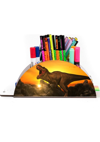 Ahşap Vip Dinazor Seri Gökkuşağı Cetvelli Masaüstü Kalemlik Çocuklar Için Organizer Montajlı Kutulu