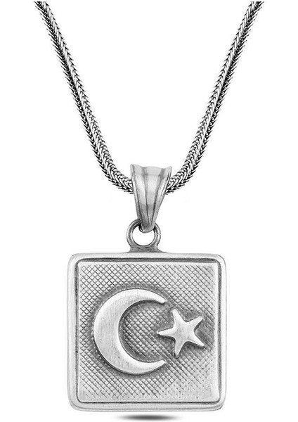 925 Ayar Gümüş Eskitme Ayyıldız Işlemeli Gümüş Kare Cevşen Model Erkek Kolye