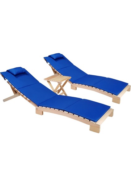 Ahşap Katlanabilir Yatar Şezlong Plaj Yatağı Minder Dahil 3 Lü Set (Naturel - Mavi)