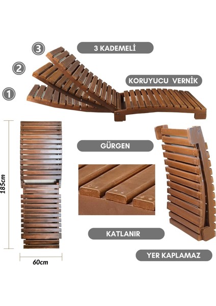 Ahşap Katlanabilir Yatar Şezlong 3 Kademe Plaj Yatağı Minder Dahil (Ceviz - Krem)