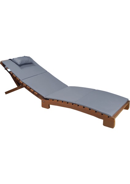 Ahşap Katlanabilir Yatar Şezlong 3 Kademe Plaj Yatağı Minder Dahil (Ceviz - Gri)