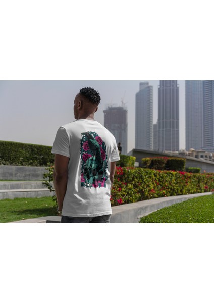Karga Kuru Kafa Sırt Baskılı Desenli %100 Pamuk Beyaz Erkek T-Shirt