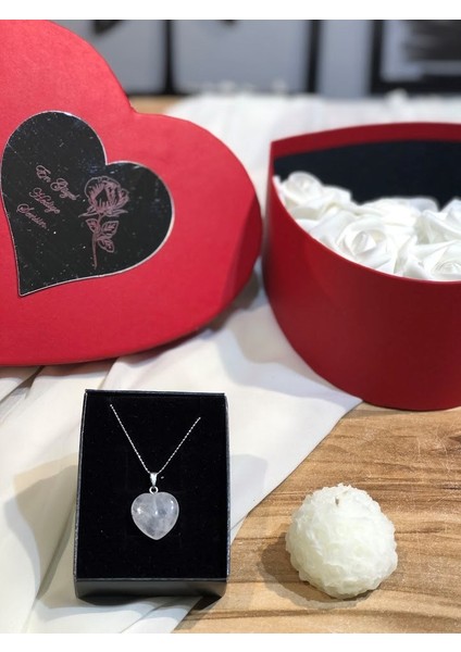 Doğal Taş Kolye ve Mum Özel Çiçekli Kalpli Kutuda Anneme Anneler Günü Hediyesi